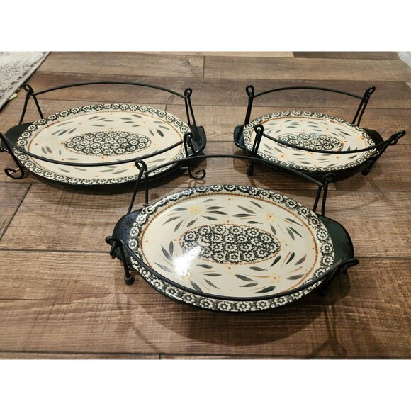 3 Temp-tations Old World Blue Ovenware Oval Platters w/ Wire Stand With Handles - Picture 4 of 12